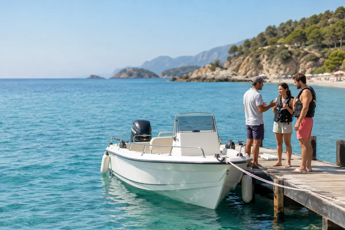 Un empleado de un alquiler de barcas explica la barca a una pareja con chalecos en el pantalán