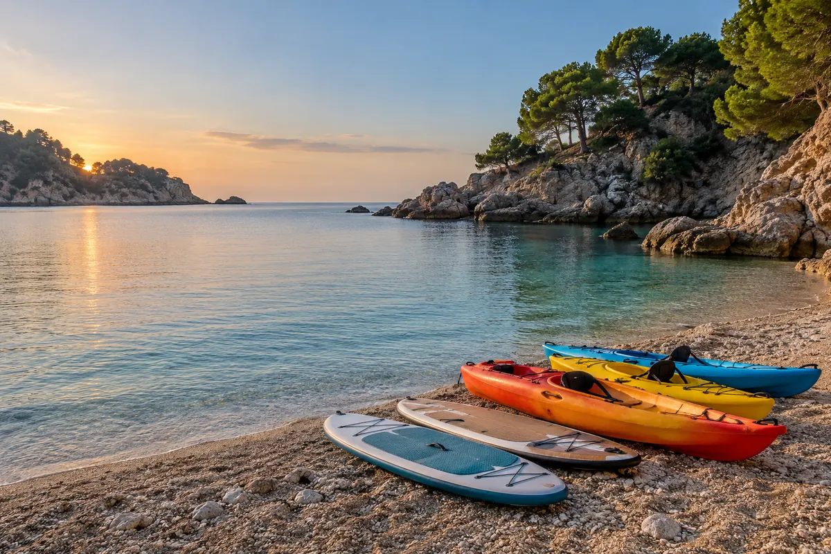 Kayaks y tablas de paddle surf en la orilla de una playa