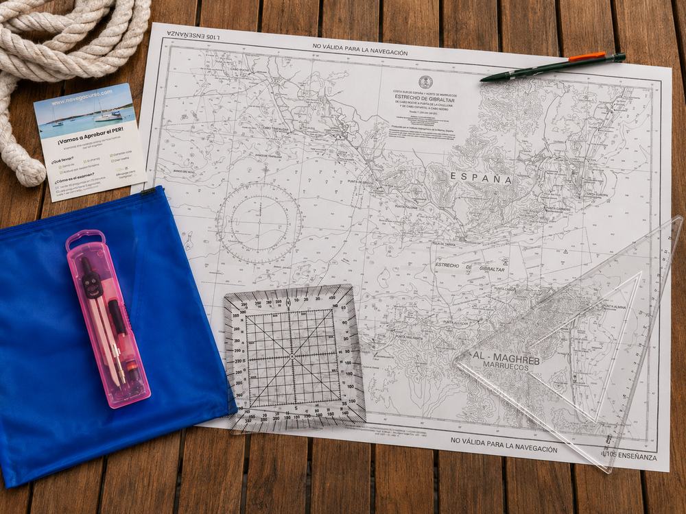 Kit del PER: cartas náuticas, transportador, cartabón, compás y portaminas sobre la cubierta de un barco