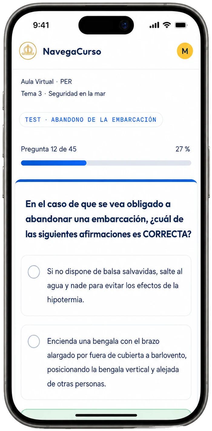 Test del PER en el móvil, con la pregunta y sus opciones