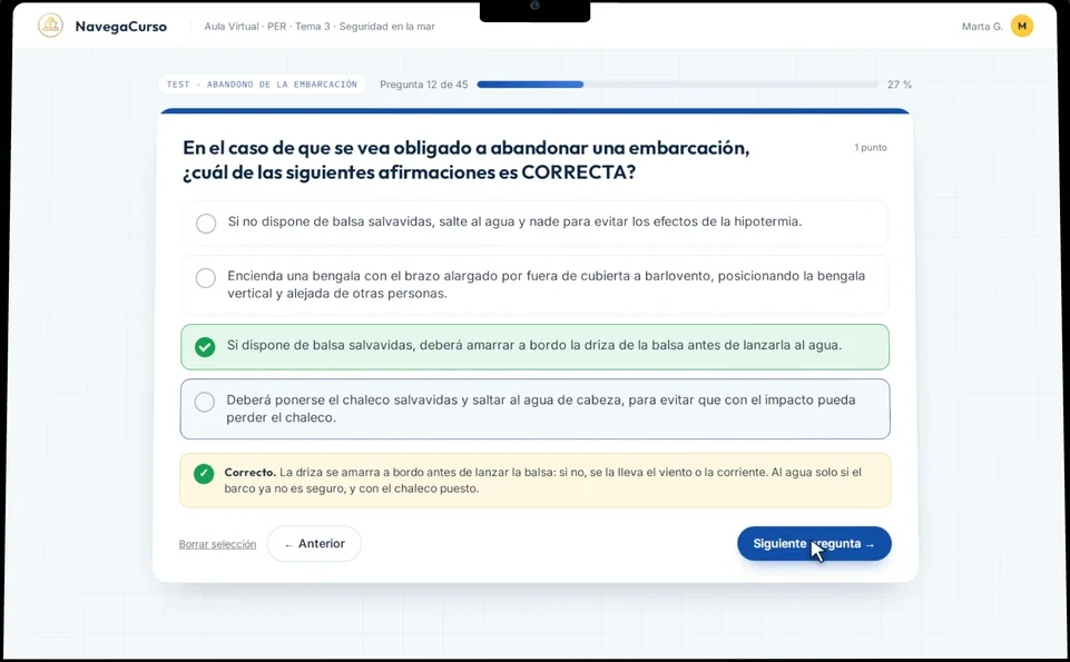 Aula Virtual de NavegaCurso en un portátil: un test del PER con la respuesta correcta marcada y su explicación