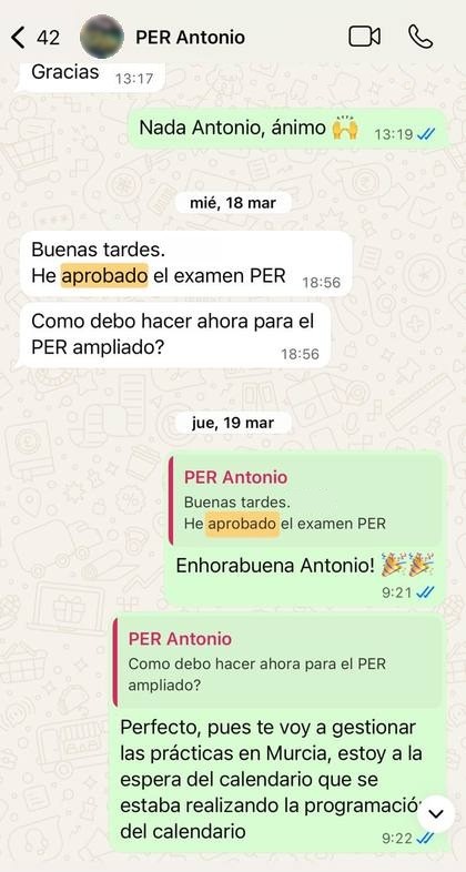 Alumno de PER comunica que ha aprobado el examen