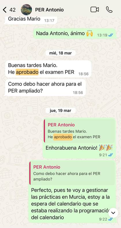 Alumno de PER comunica que ha aprobado el examen